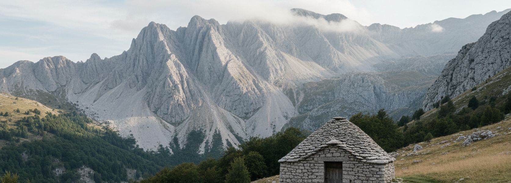 A dry stone hut with a tall conical stone roof standing alone on a grass shoulder below pale limestone crags and dark woodland.