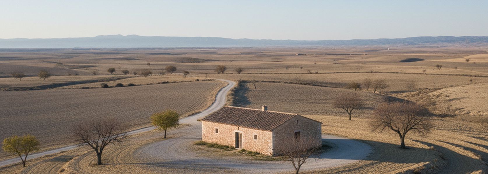 A low stone farm building standing alone on the Monegros plateau at first light, with cut barley ground and a gravel track running out to a flat horizon.