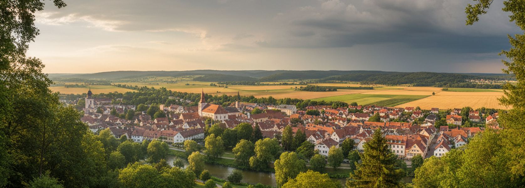 Red tiled roofs and pale sandstone fronts of a small upper Franconian town seen from the wooded rise to the north, farmland and low ridges beyond, cloud building on one side.