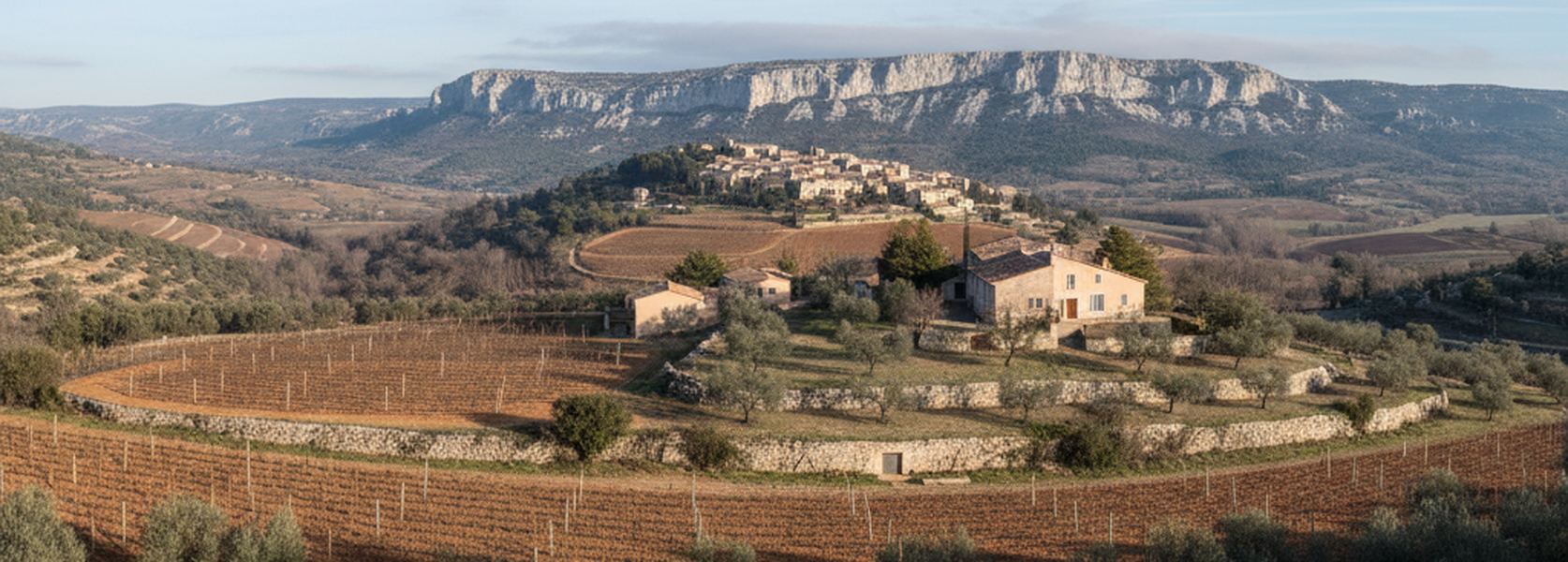 Bare winter vineyards and olive terraces on limestone slopes below a small ridge village of pale stone houses, with a long white massif standing behind under thin high cloud.