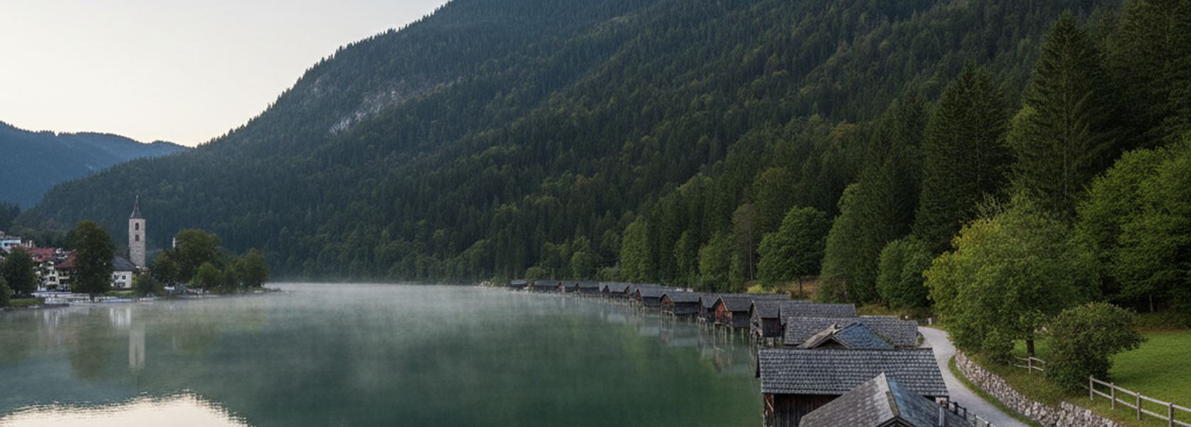 Mist lifting from a long Carinthian lake at daybreak, timber boathouses on the near shore and a forested ridge opposite.