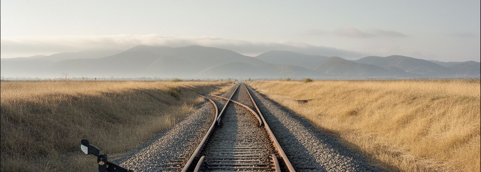 A single railway line splitting into two at a set of points, weathered rails on stone ballast between dry grass, low morning light across empty farmland.