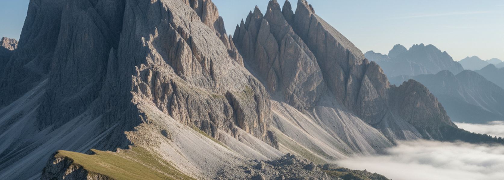 Limestone towers above a shelf of white scree, seen from a grassy saddle at first light in the Italian Dolomites.