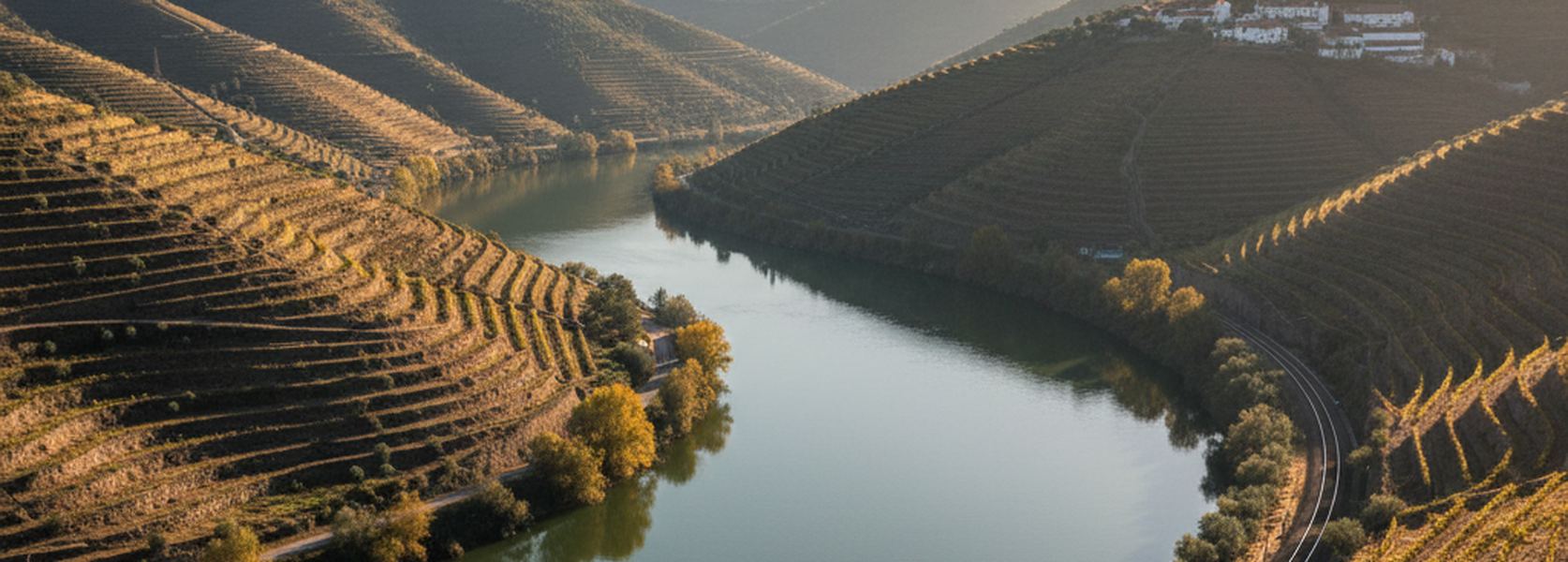 A river curving between steep terraced slopes of dark stone, with a single track railway running along the near bank just above the water.