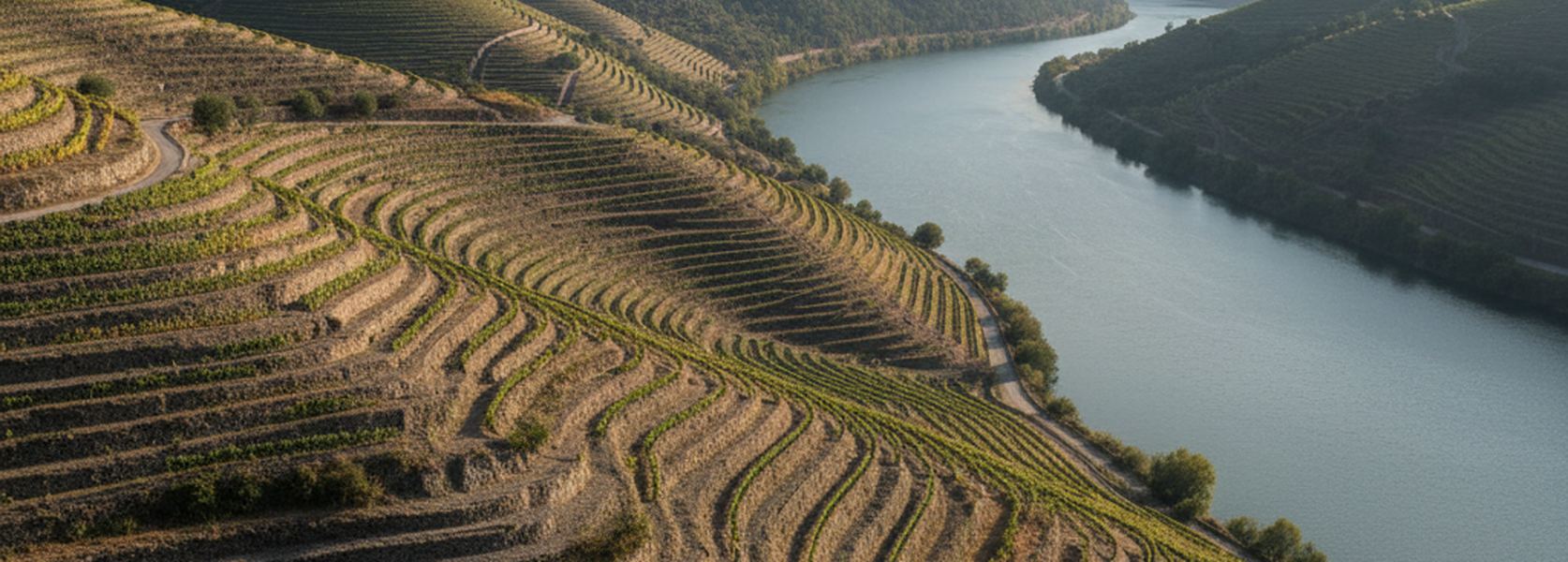 The Douro valley seen from a high road on the south bank, terraces of vines stacked in narrow steps from the river up to the ridge.