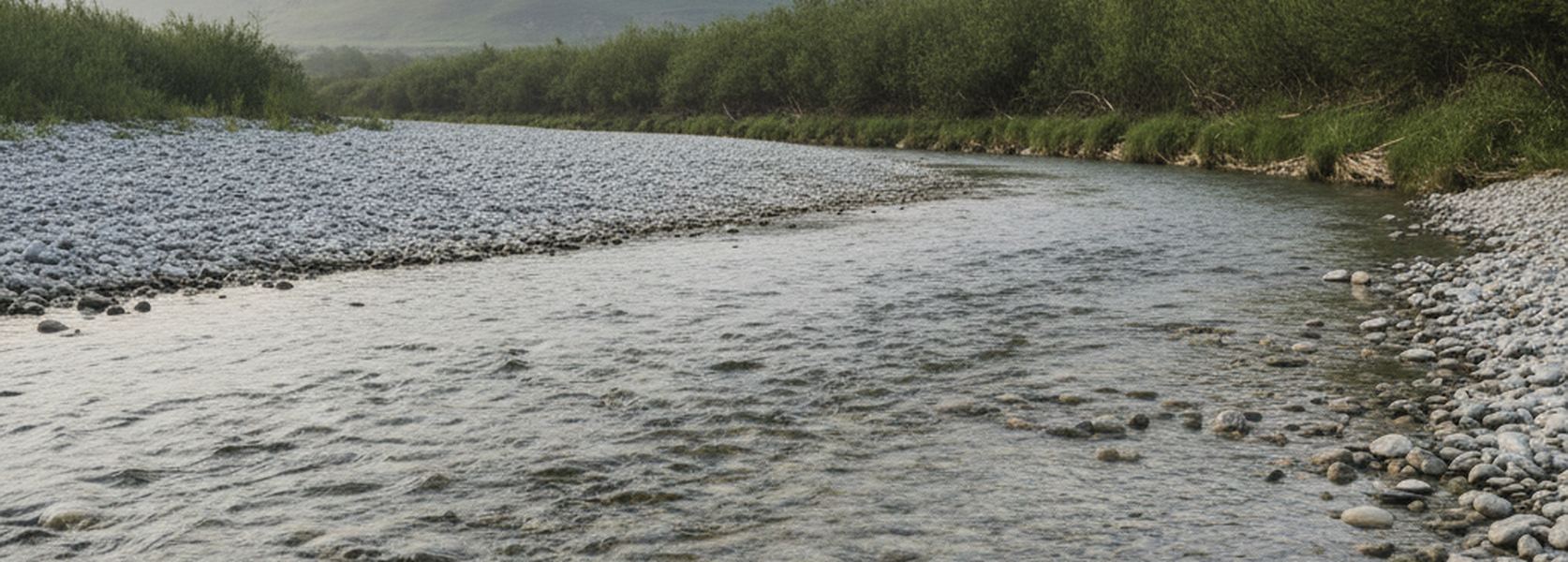 A wide bend of a shallow gravel river, clear water over pale stones, willow scrub on the far bank and green hills beyond.
