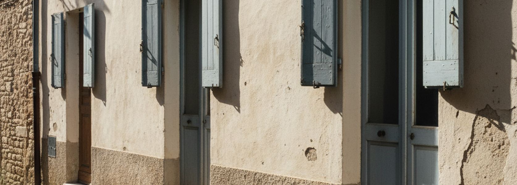 A rendered wall in low raking sun with three plain doorways, closed shutters above and a small metal wall plate.