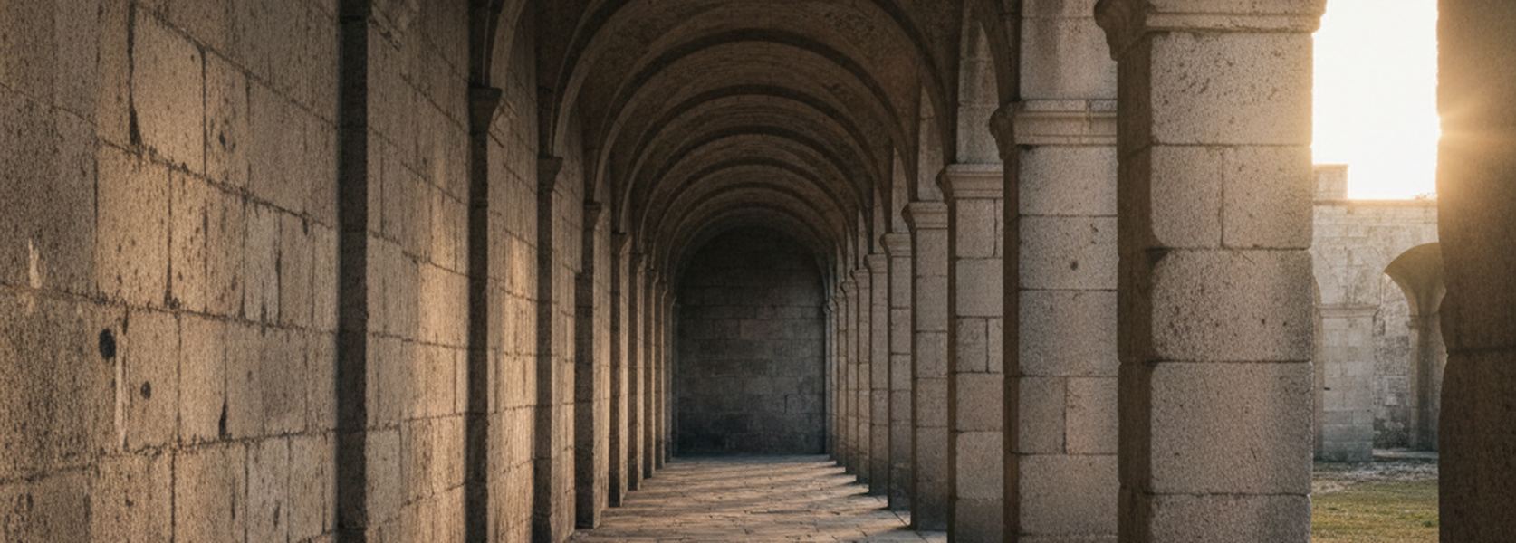 A long stone arcade of round arches seen down its length, columns receding into shadow over worn flagstones.