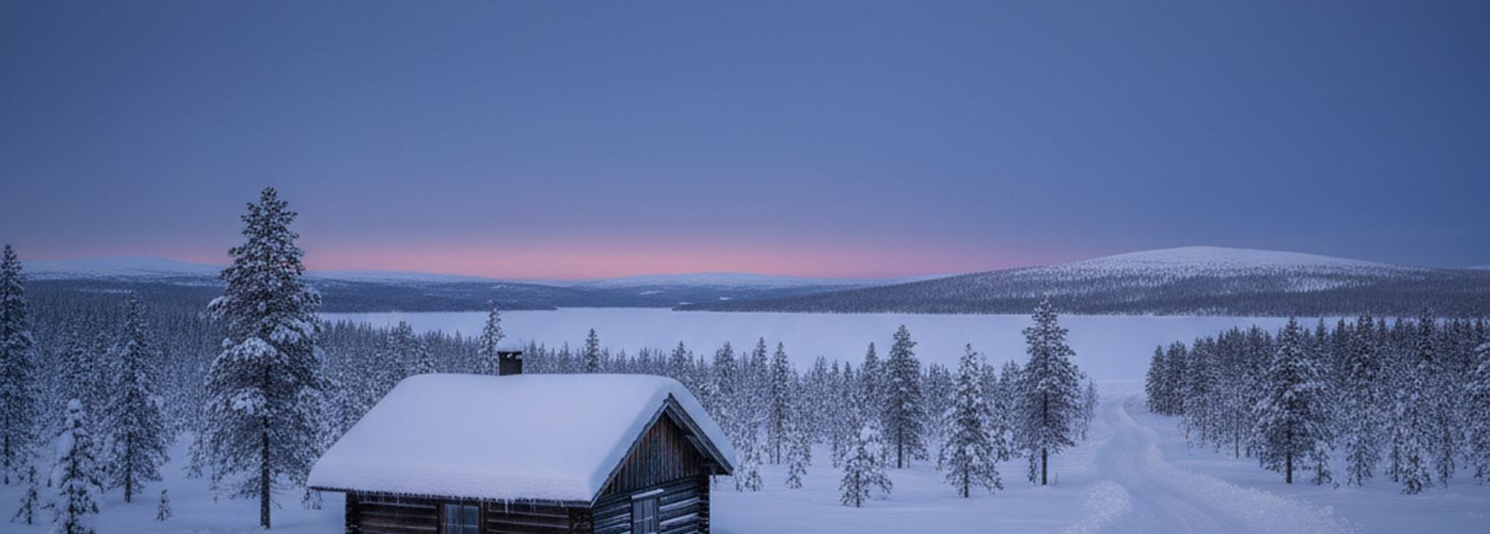 A low timber cabin under deep snow among spaced pines, a plowed track running past the door, blue twilight lying on the drifts.