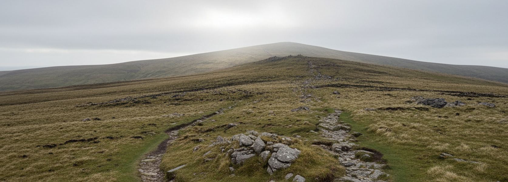 A stony path forking on open upland grass, one branch climbing toward a low ridge, the other running level along the slope.