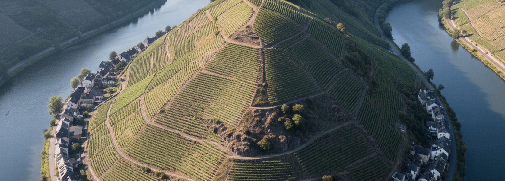 A tight bend of the Moselle seen from above, terraced slate vineyards rising from a village at the waterline.