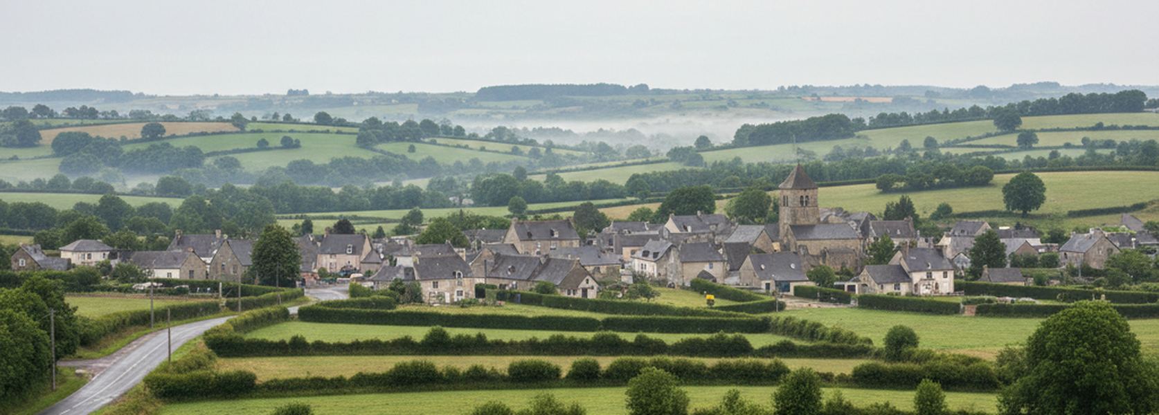 A small lower Normandy market town seen from a low hill on a gray June morning, slate roofs and a square church tower standing among small hedged fields.