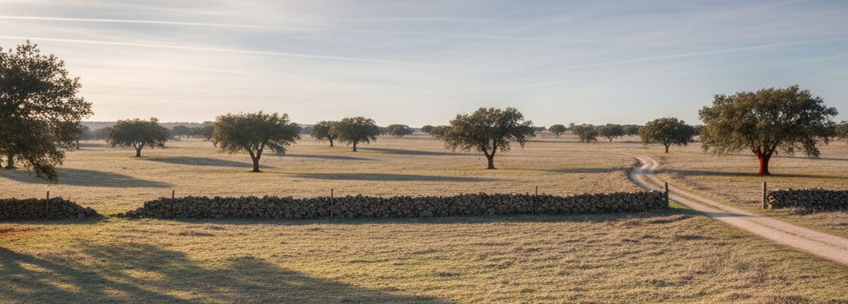 Widely spaced cork oaks on a pale grassland plain, a dirt farm track curving to the right, low sun close to the horizon throwing long shadows.
