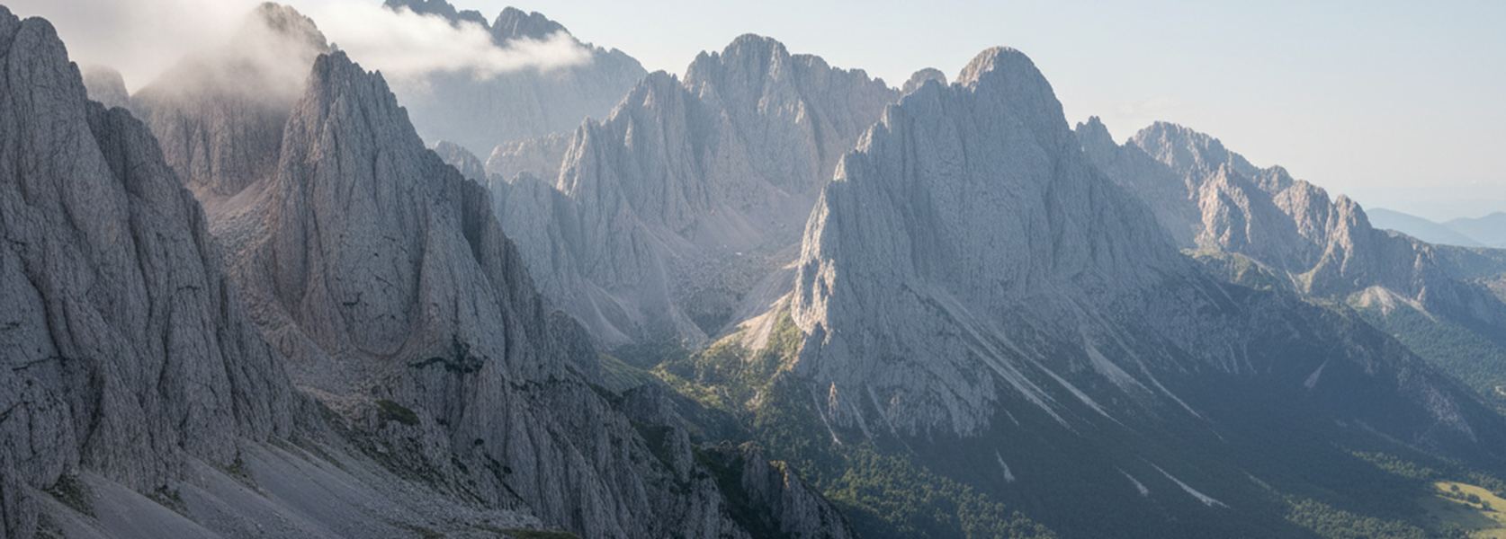 Pale limestone peaks of the central Picos de Europa rising above a green valley, with cloud spilling over a gap in the ridge.