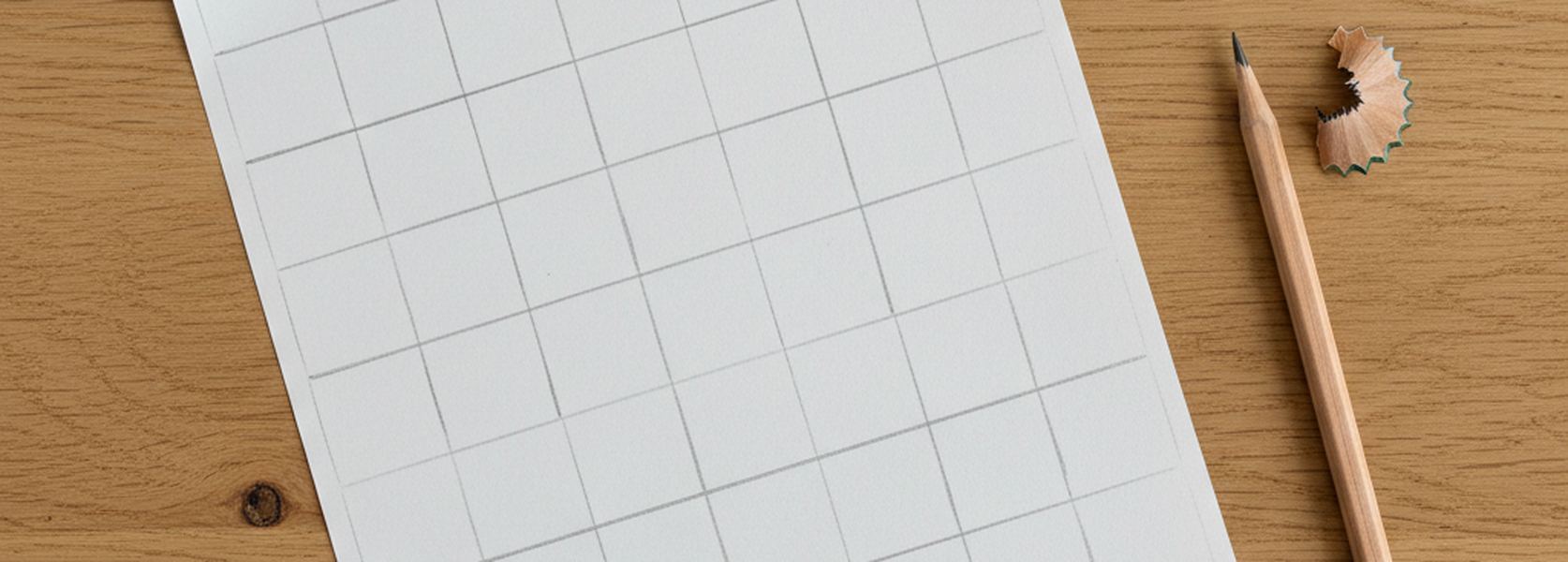 A sheet of paper hand ruled in pencil into a grid of empty squares, a sharpened pencil and one shaving beside it.