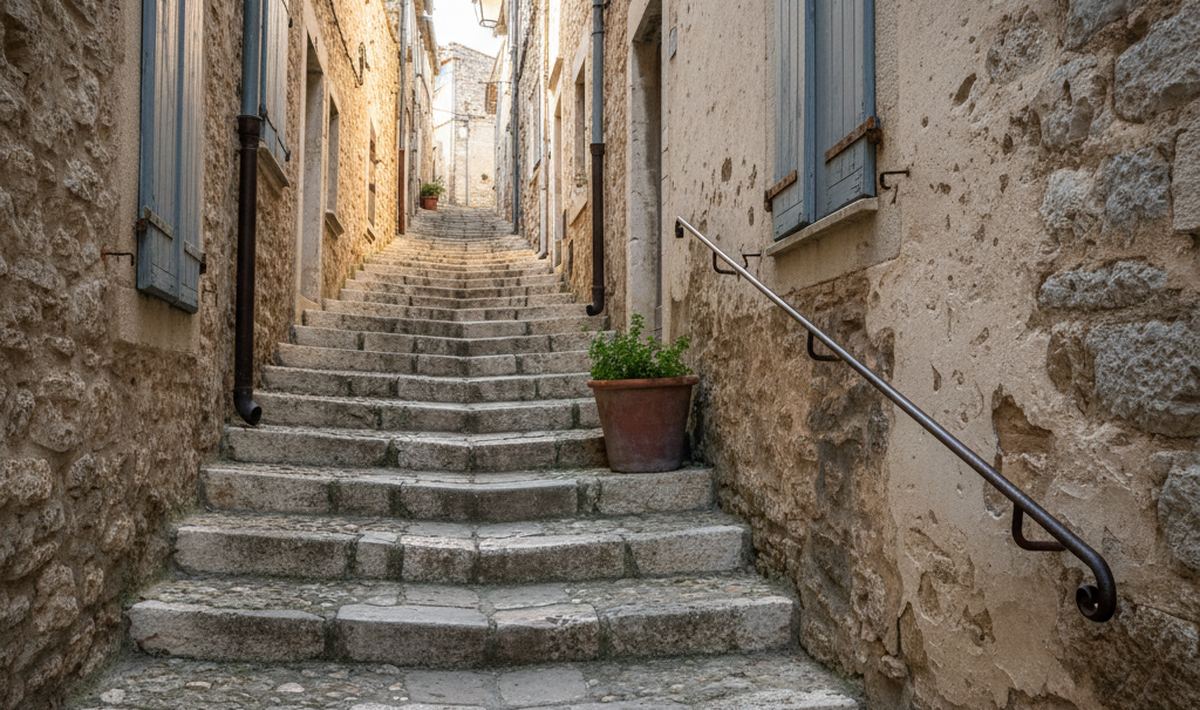 A stepped stone lane climbing between bare masonry houses, an iron handrail bolted to the right wall and every shutter closed.