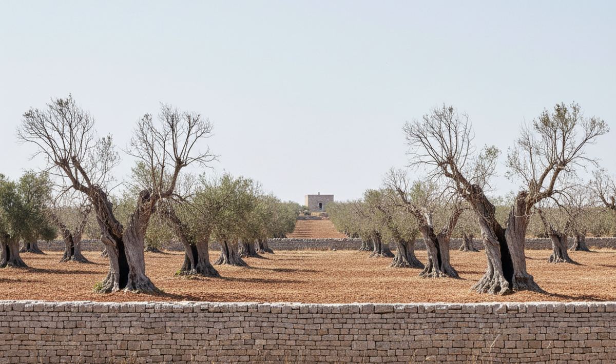 A coursed stone wall along the foreground of a leafy olive grove on red tilled earth, a small stone farm building beyond.