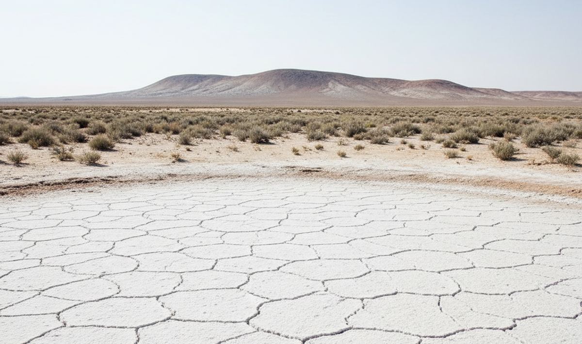 The floor of a closed saline basin near Bujaraloz in midsummer, cracked white salt crust across the foreground and pale gypsum soil rising to a low bare ridge.
