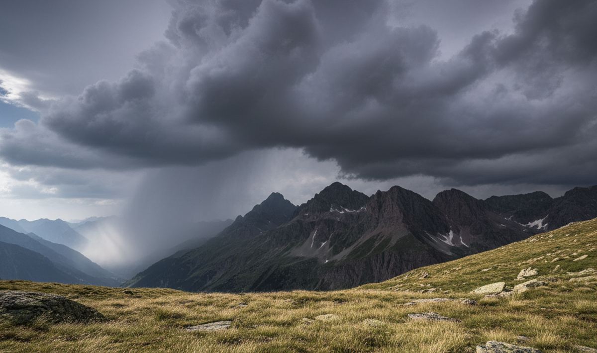 A storm cloud building over a rocky ridge above an alpine meadow in the early afternoon, with rain already falling on the left.