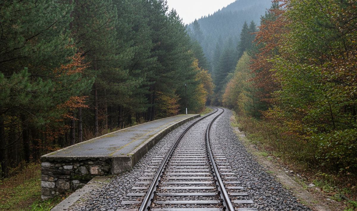 A narrow gauge track curving away through pine and beech forest past a short concrete platform on a low stone base.