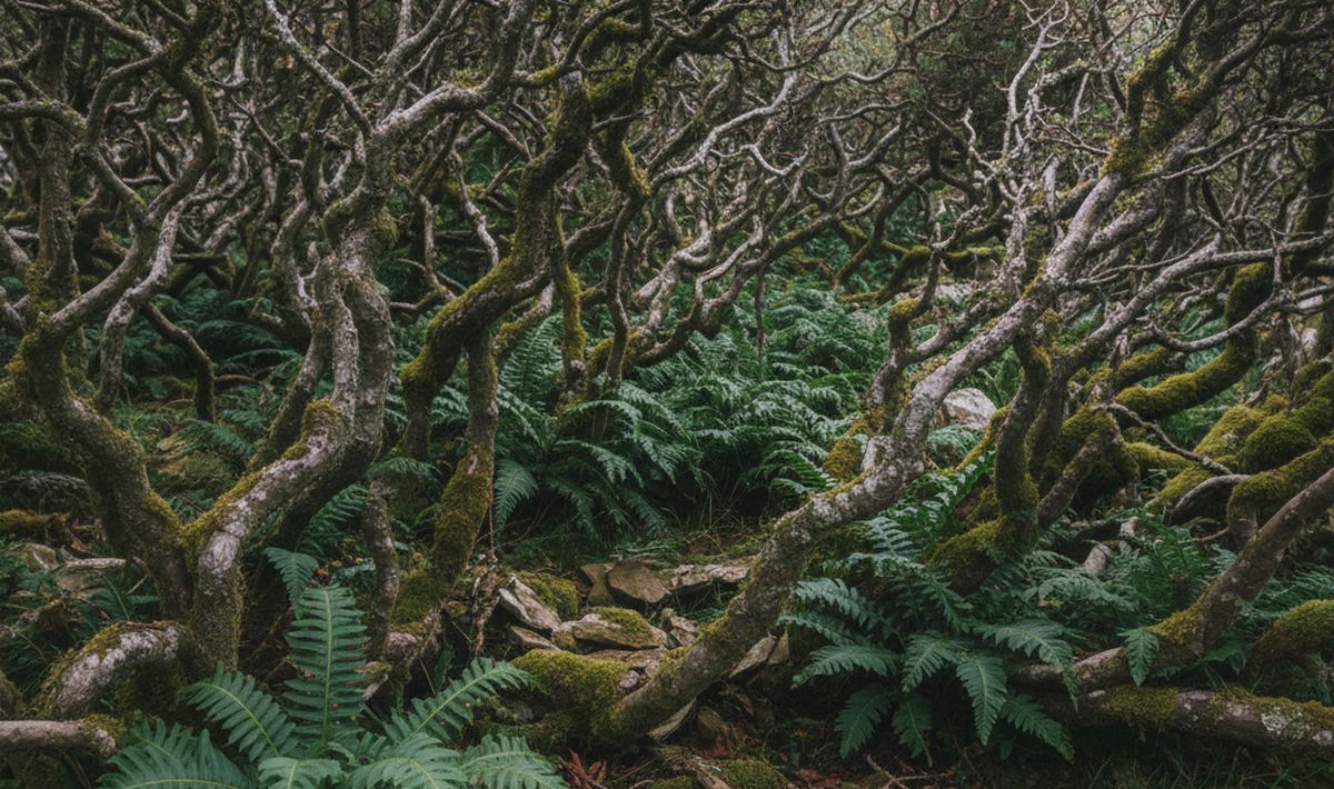 A dense thicket of low hazel scrub on broken rocky ground, twisted grey stems with moss and fern in the gaps.