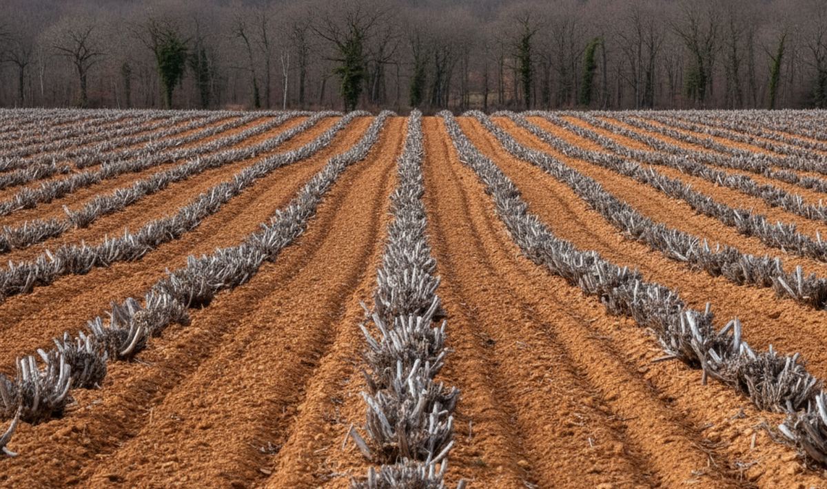 Rows of lavender cut back to low grey woody stubs running across red brown soil toward a wooded slope in winter.