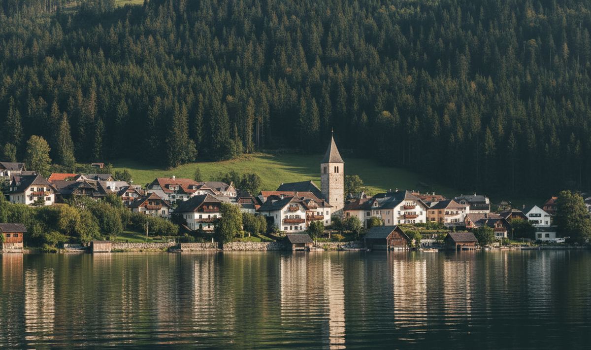 A lakeside village seen from the water, tiled roofs and a church tower below dense spruce forest that fills the slope above.