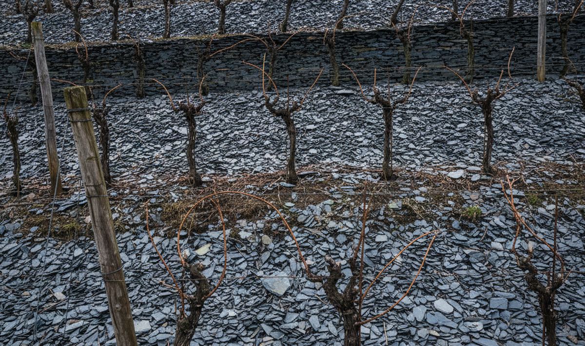 Bare vine stocks pruned to short spurs on loose slate benches, taut trellis wires on timber posts and a dry stone wall behind.