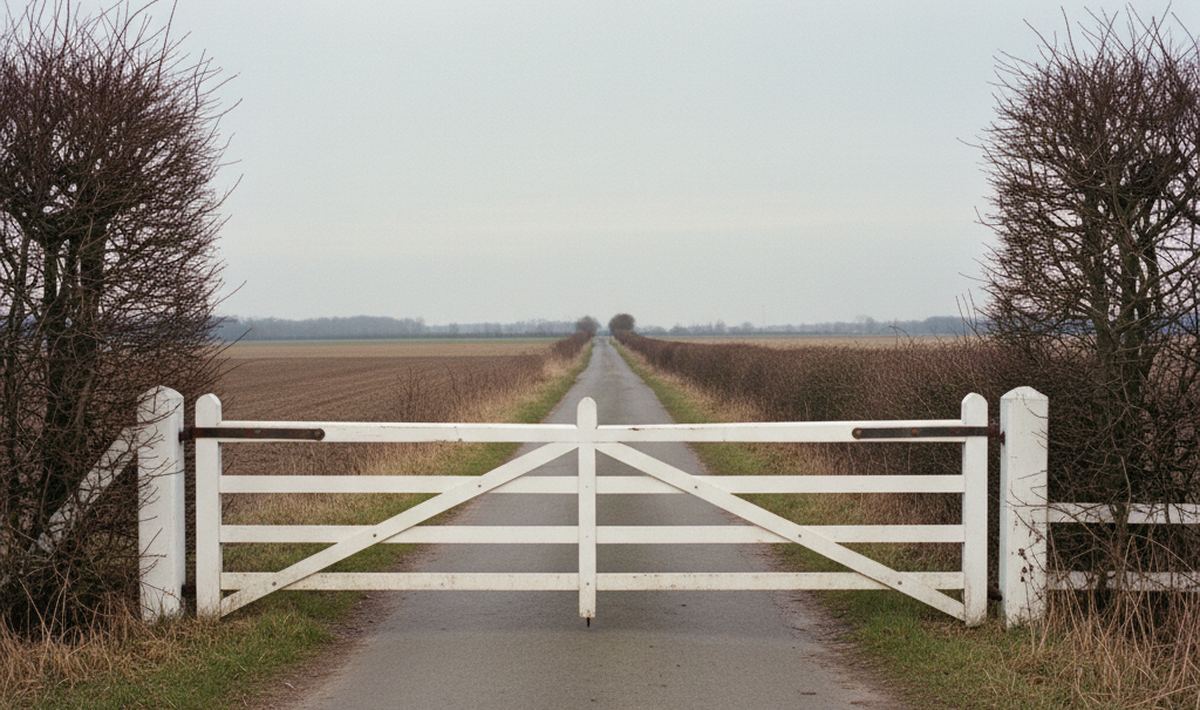 A pair of closed white timber field gates across a narrow lane, bare hedgerow either side and plowed field beyond.