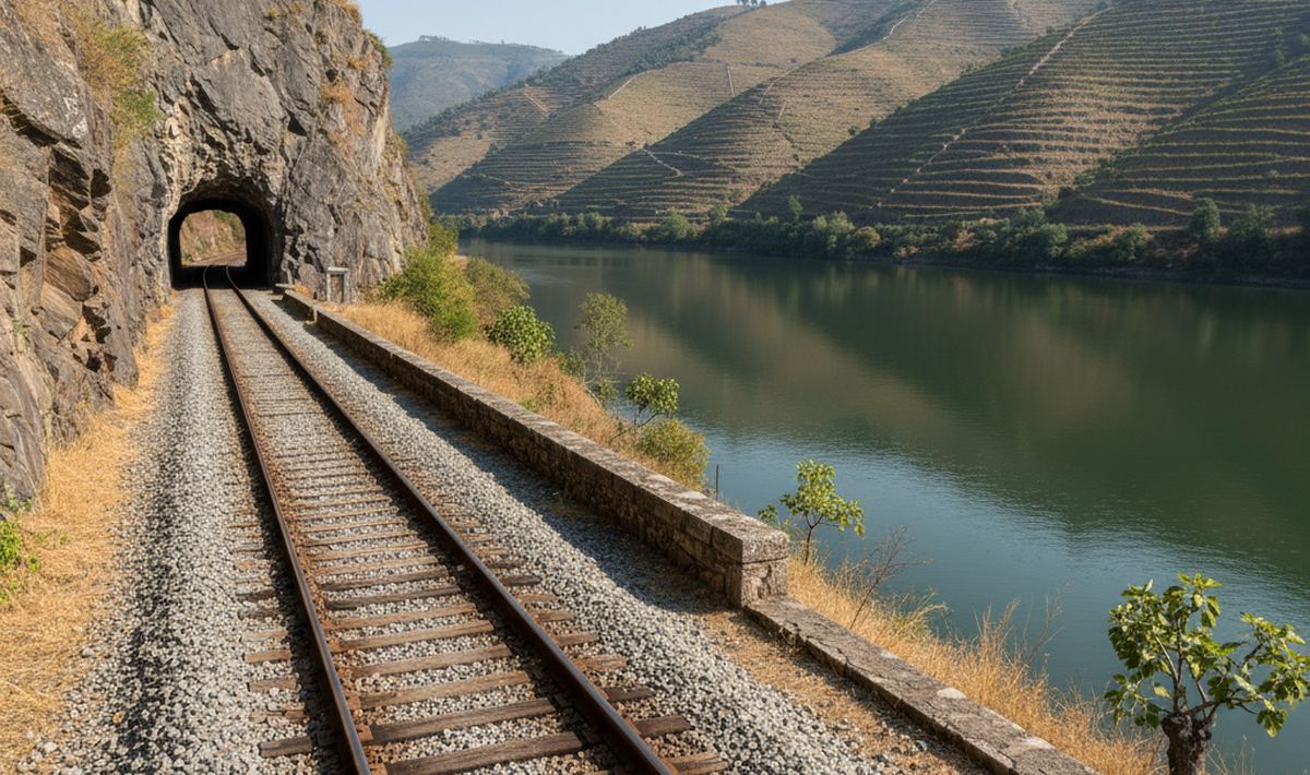 Single railway track running on ballast into a tunnel bored through gray schist, a wide green river below terraced slopes.