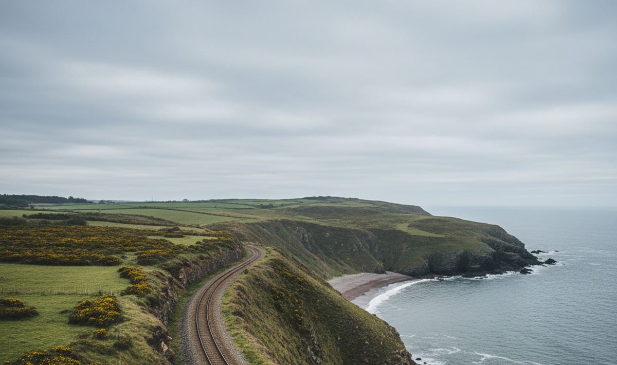 A narrow single track railway shelf curving around a green headland above a small cove of pale gray shingle.