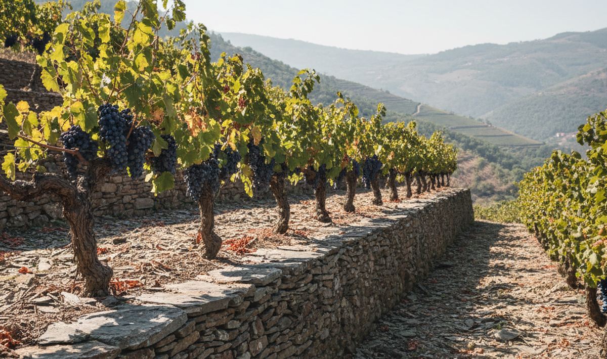 One vine terrace on a steep hillside, a dry retaining wall of flat gray schist plates about a meter high, old vines and dark bunches in the row above it.