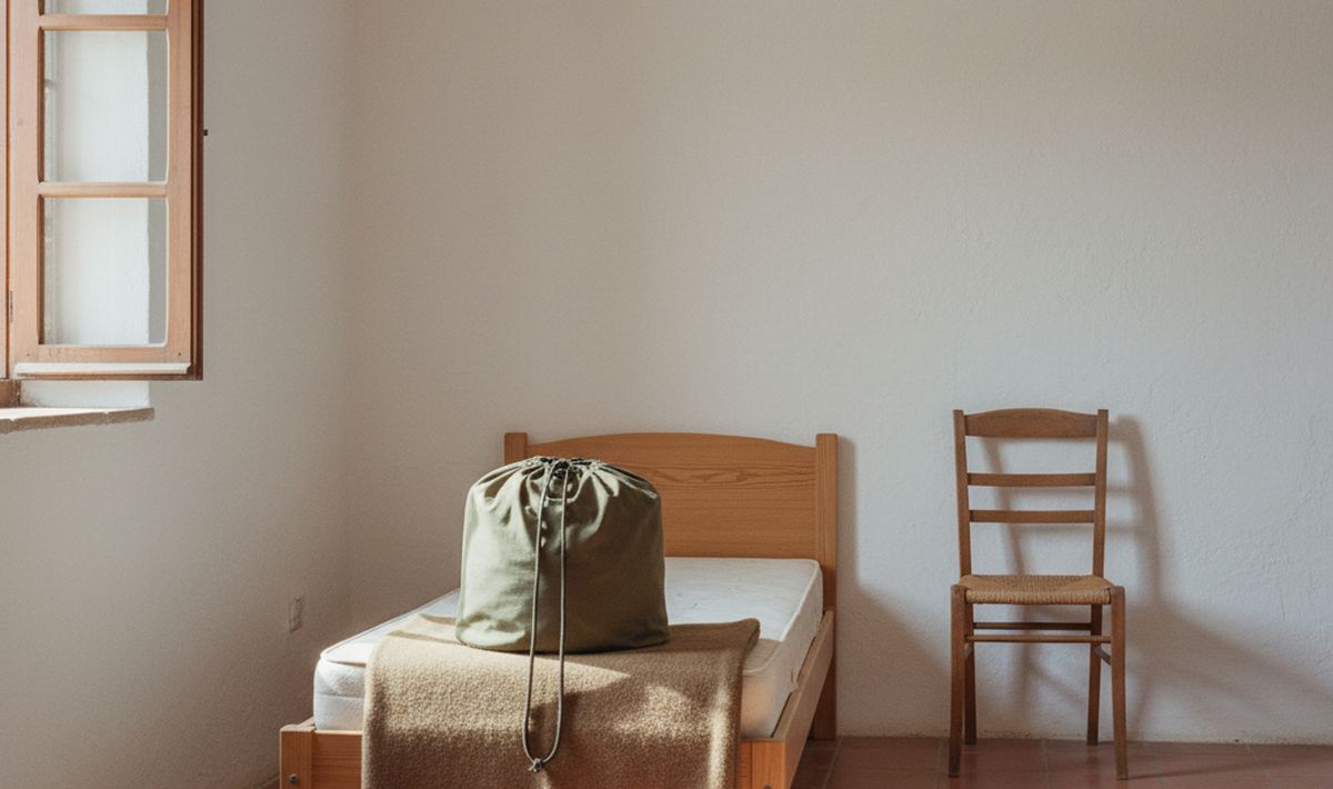A cinched canvas sack standing on a bare mattress in a small whitewashed room with a wooden chair and tiled floor.