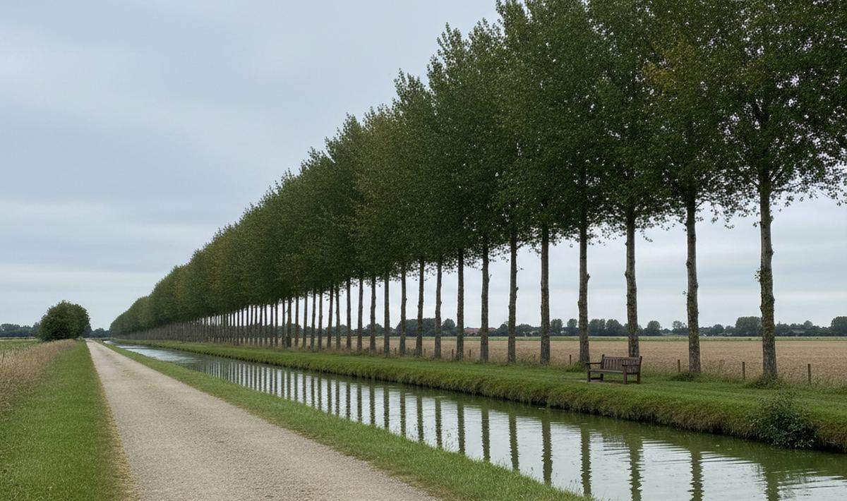 A level gravel towpath beside slow green water, poplars on the far bank and a plain wooden bench set back on the verge.