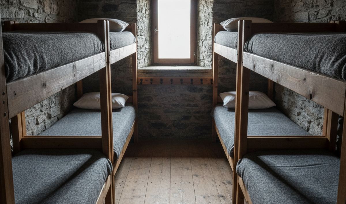 Four wooden bunks with gray blankets spread over thin mattresses in a small stone refuge room lit by one deep window.