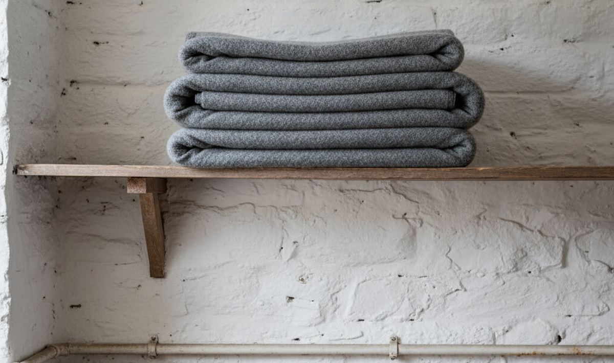 A stack of folded gray wool blankets on a bare plank shelf against a whitewashed brick wall, painted pipe running below.