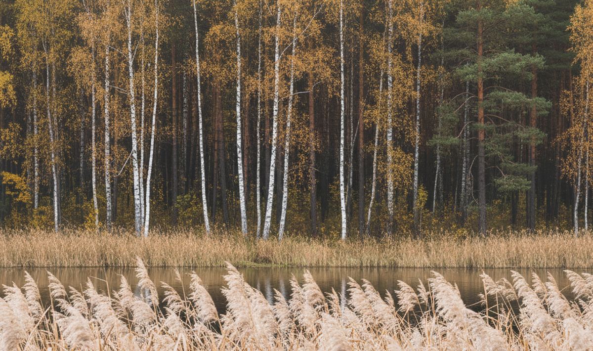 Dry pale reed stems and plumes filling the near frame, a strip of still water behind and autumn woodland above.