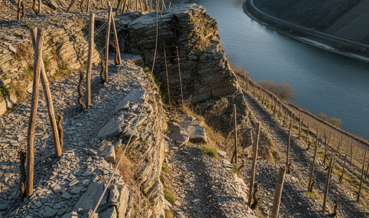 A steel ladder and a fixed cable on a near vertical slate vineyard slope high above the river.