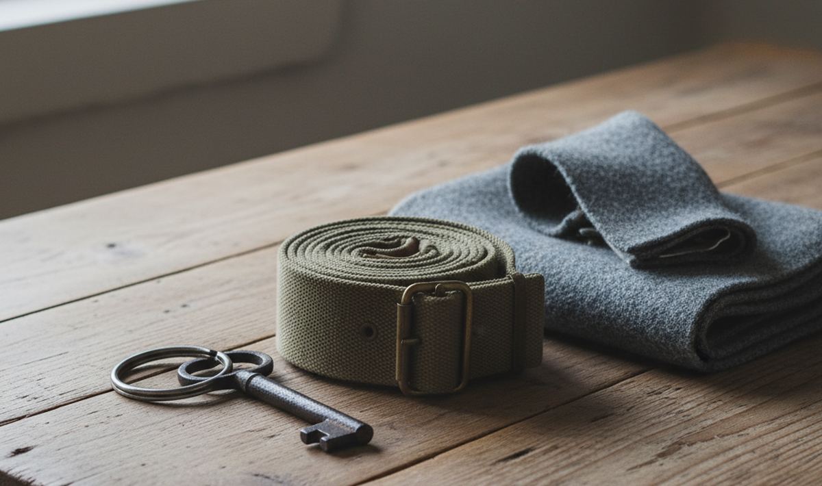 An iron key on two split rings beside a rolled canvas strap and a folded gray wool scarf on a scrubbed wooden table.