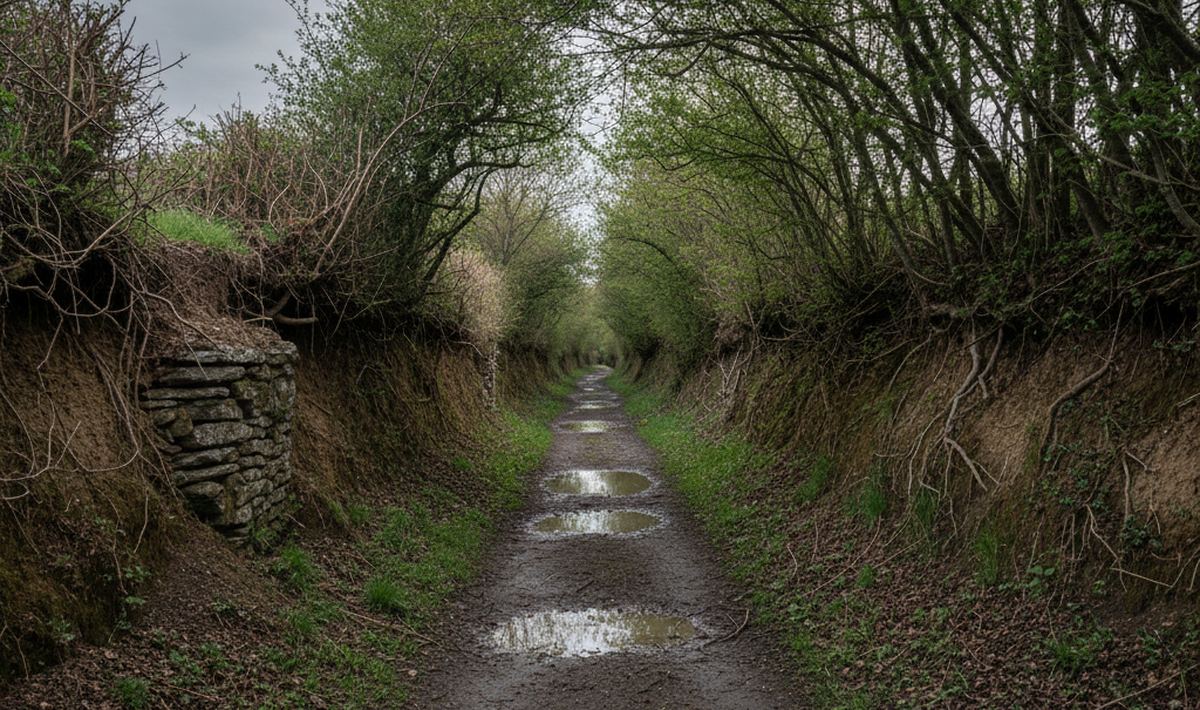 A sunken lane in lower Normandy cut a meter below the fields, earth banks on both sides, hazel closing overhead above wet grit and standing puddles.