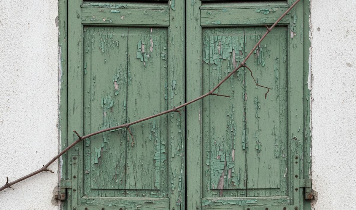 A pair of closed wooden shutters with cracked green paint, a bare vine stem crossing them diagonally against pale rendered wall.