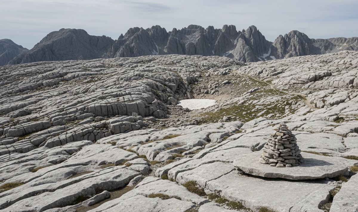 Bare fissured limestone on a high plateau, with a small stone cairn beside a faint route across the rock.