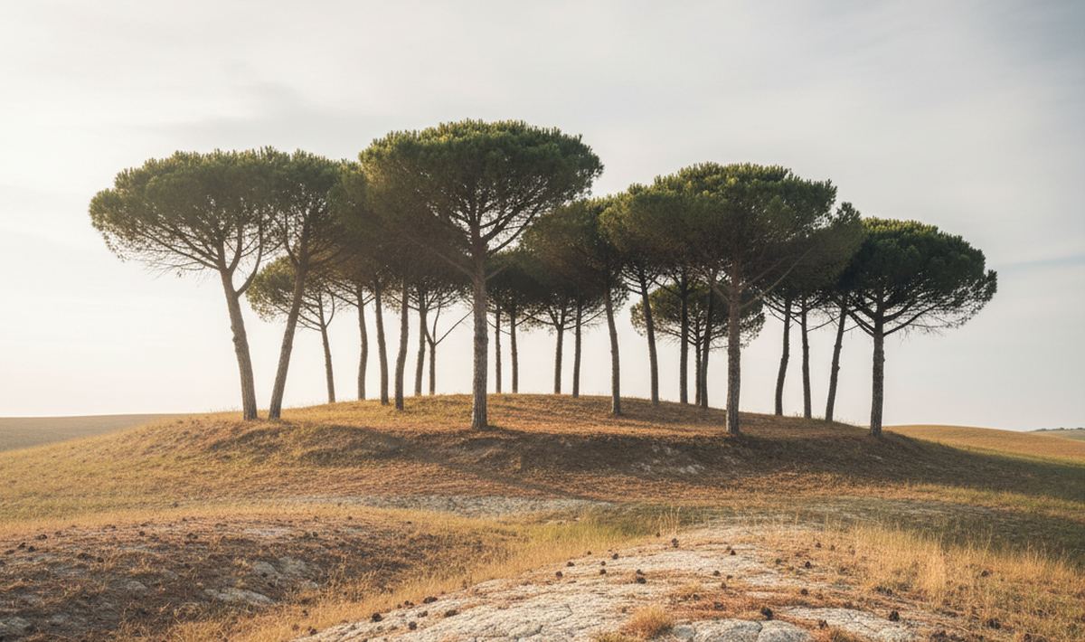 Tall umbrella pines with flat spreading crowns on a low ridge, dry grass and fallen needles on pale clay ground.
