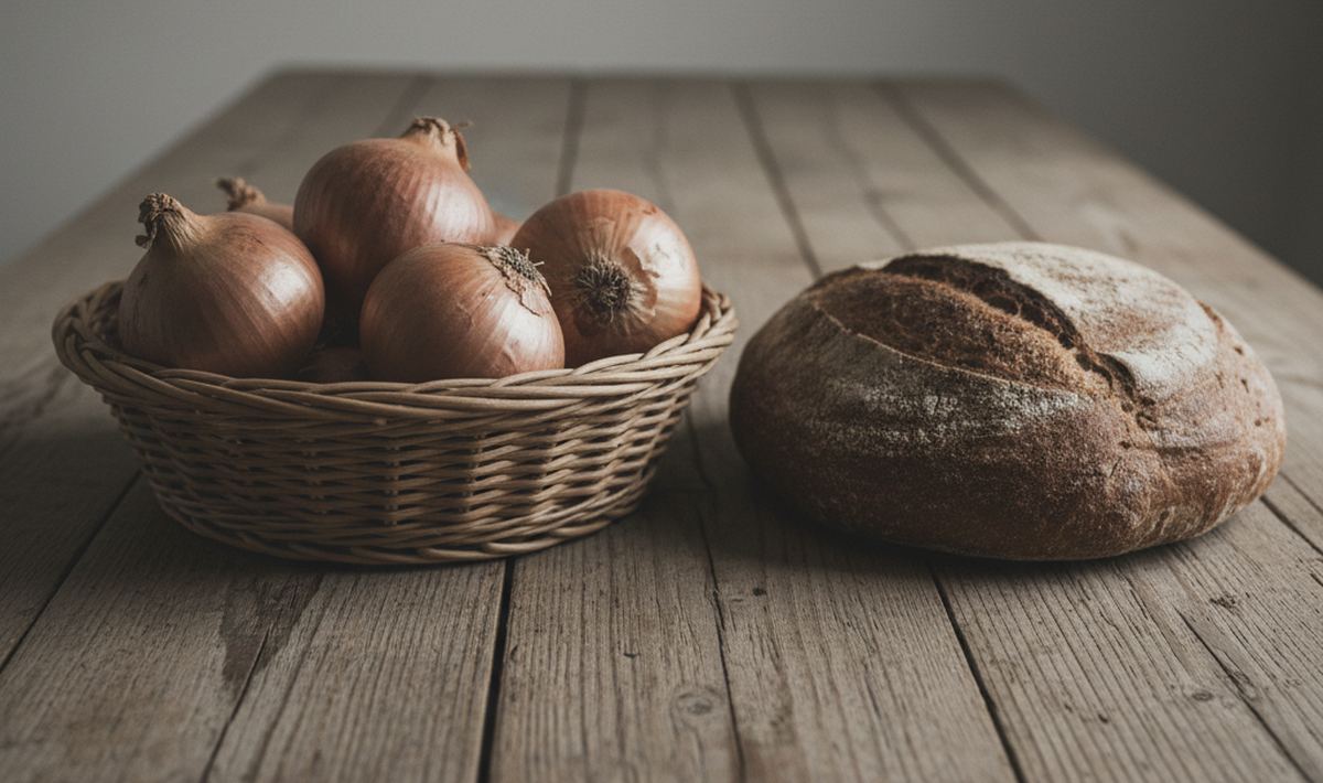 A shallow wicker basket of unpeeled onions beside a round dark crusted loaf on a bare scrubbed pine table.