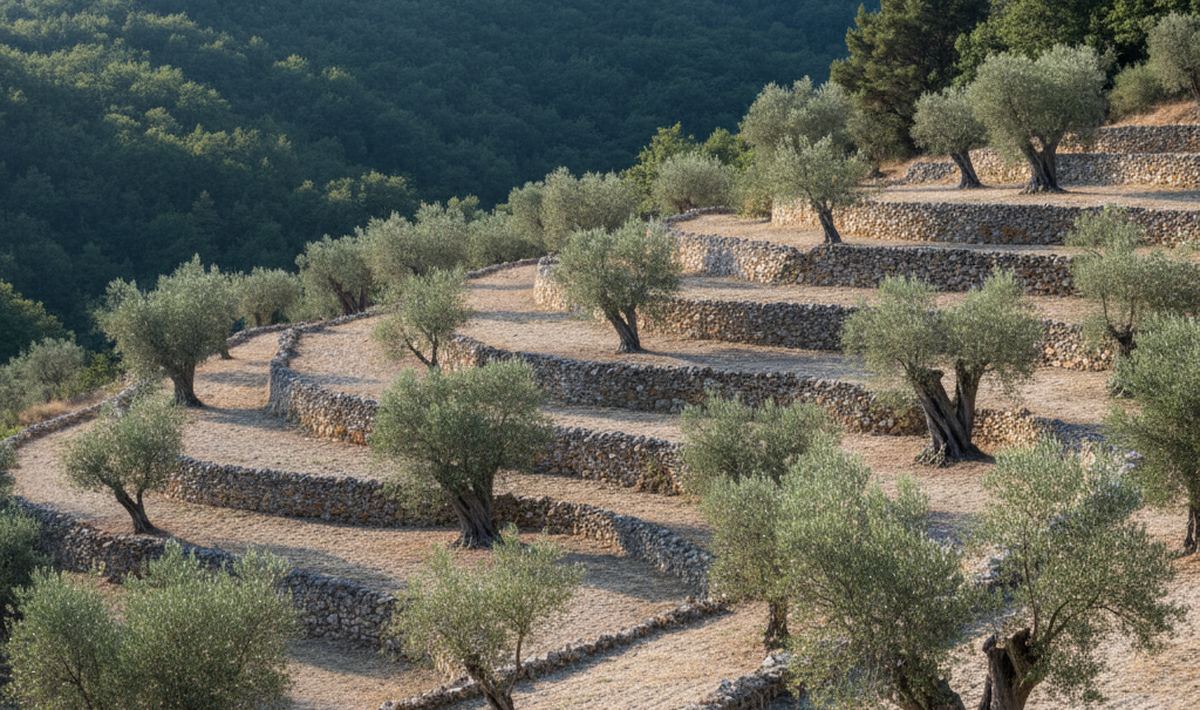 Old olive terraces on pale soil behind low dry stone retaining walls, gnarled trunks and a wooded ridge behind.