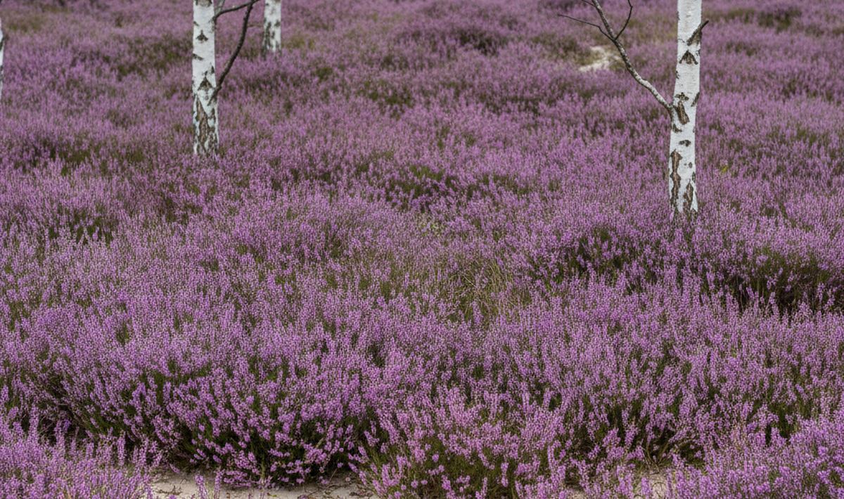 Heather in full purple flower on sandy heath, drifted pale sand showing between the clumps and slender birch trunks.